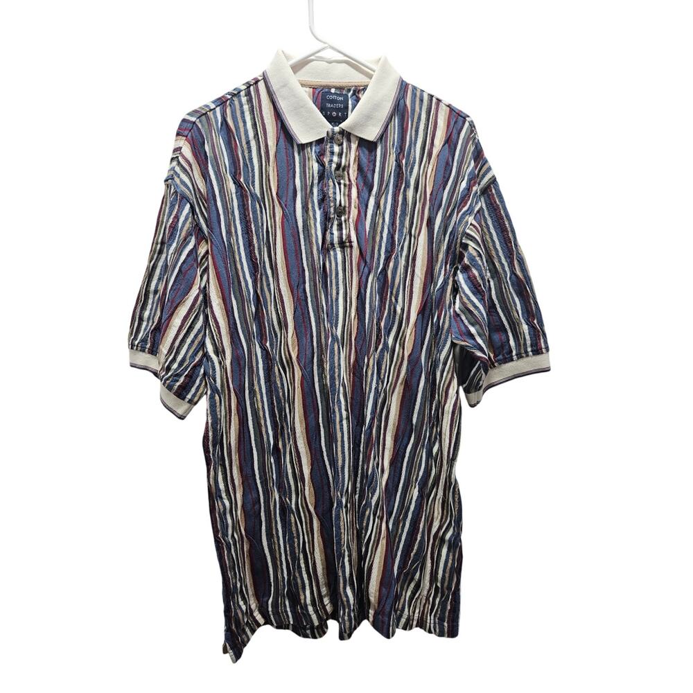 Vintage Cotton Traders Sport Polo Shirt XL Textured Stripe Coogi Style 90s